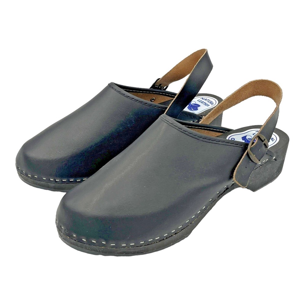 Wood Open Back‎ Leather Clogs Black Size 12